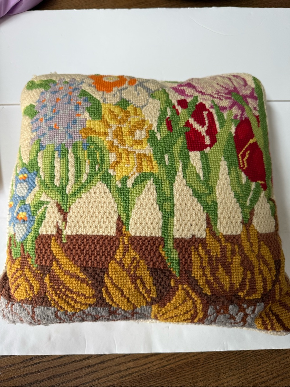 Vintage Needlepoint Throw Decor Pillow Colorful Flowers Floral MCM 12” x 12”